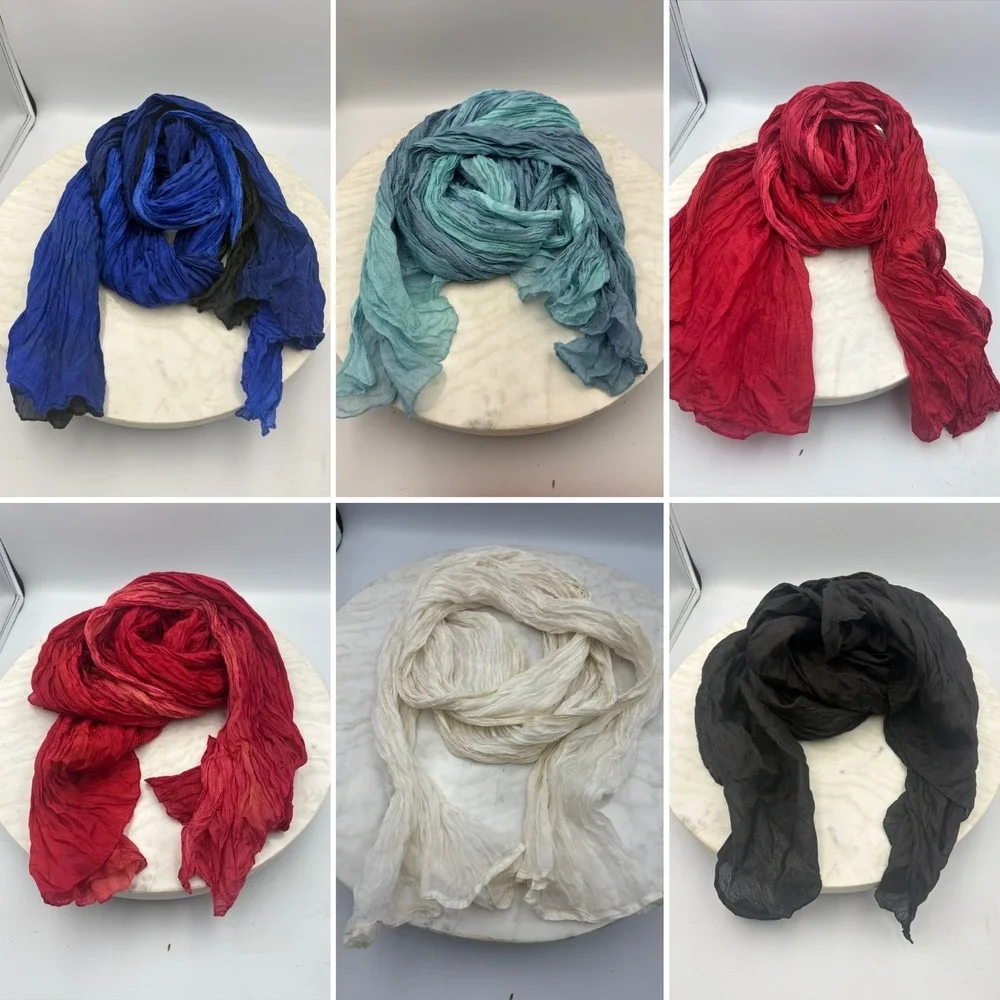 Ombre‎ Solid Crinkle Silk Scarf Lot of 6 Womens Black Blue Red Cream